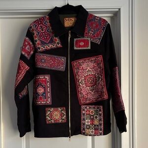 Black Zip-Up Jacket with Red Patchwork Prints